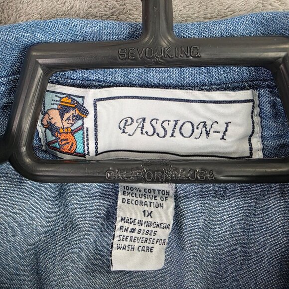 Womens Passion-I Floral Embroidered Blue Denim Shirt Short Sleeve Button Up 1X - Picture 3 of 8